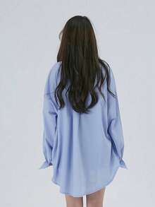 Camisa de manga larga de unicolor y estilo holgado, versátil jersey para primavera y otoño - Celeste - Ver 2