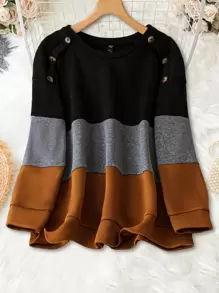 SHEIN LUNE 加色塊鈕扣細節運動衫 - 銅色 - 查看 1