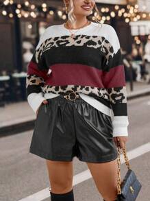 SHEIN LUNE Plus Leopard Pattern Colorblock Drop Shoulder Sweater - Burgundy - View 1