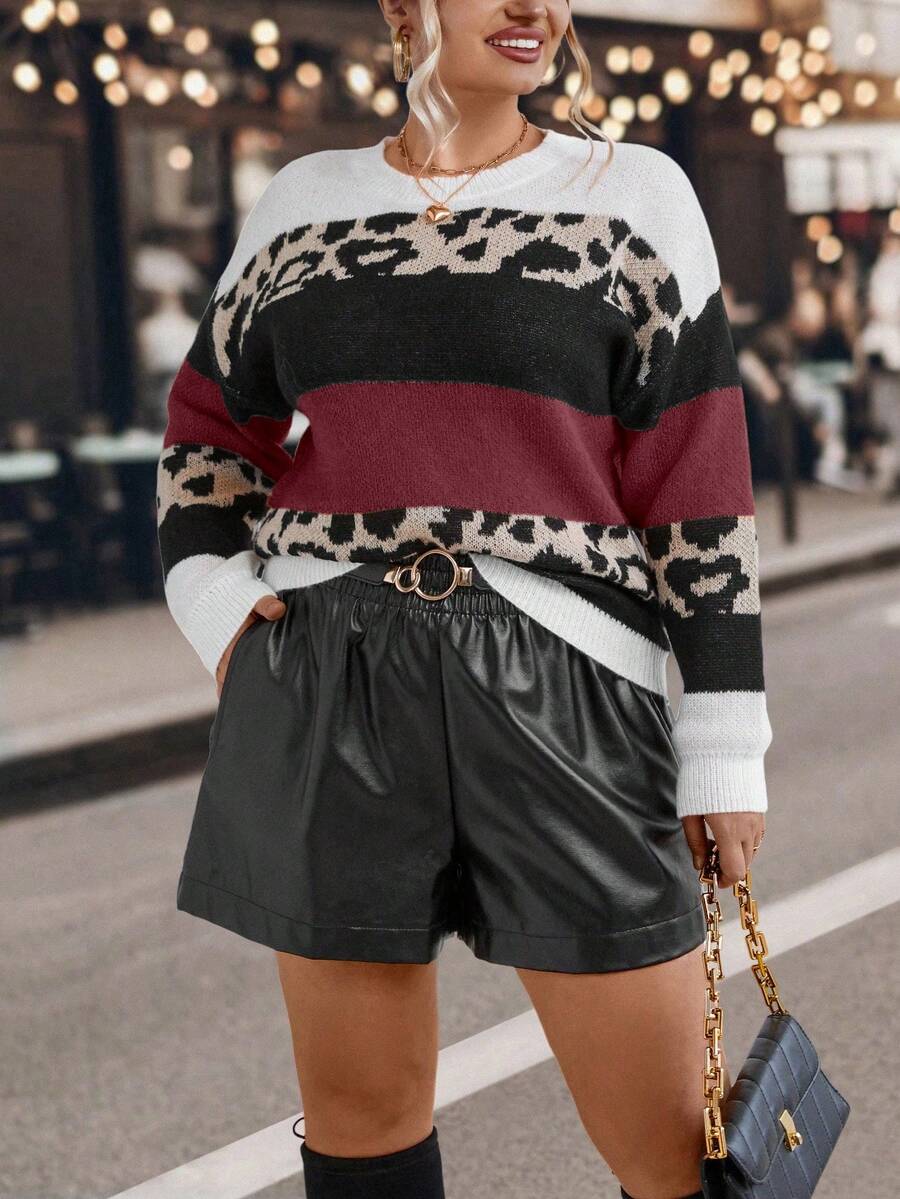 SHEIN LUNE Plus Leopard Pattern Colorblock Drop Shoulder Sweater - Burgundy - View 1