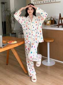DAZY Cartoon Graphic Drop Shoulder PJ Set - Apricot - View 6