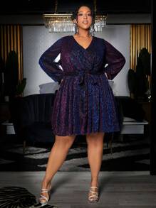 SHEIN CURVE+ 大碼交疊領腰帶亮片洋裝 - 紫色 - 查看 3