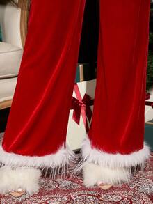 SHEIN SXY Trang trí Fuzzy Nhung Jumpsuit ống - Đỏ - Xem 3