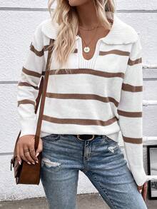 SHEIN Frenchy 條紋圖案落肩袖套頭毛衣 - 白色 - 查看 3