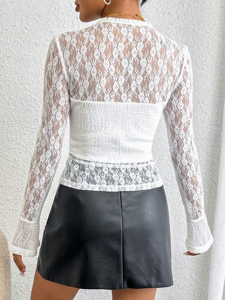 Queen Anne Neckline Flare Sleeve Lace Tee