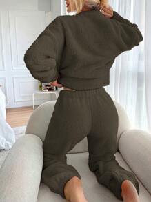 SHEIN Cottnline Drop Shoulder Teddy Sweatshirt & Sweatpants - Khaki - View 2