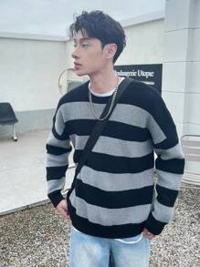 Manfinity 1pc Men's Striped Pattern Drop Shoulder Oversized Sweater - Black - View 6