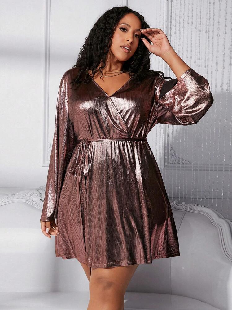 SHEIN CURVE+ Vestido Metálico Con Escote Cruzado Y Talla Grande - Púrpura polvoriento - Añade 5