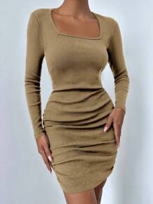 EURMUSE Vestido ajustado de cuello cuadrado fruncido - Café - Ver 5
