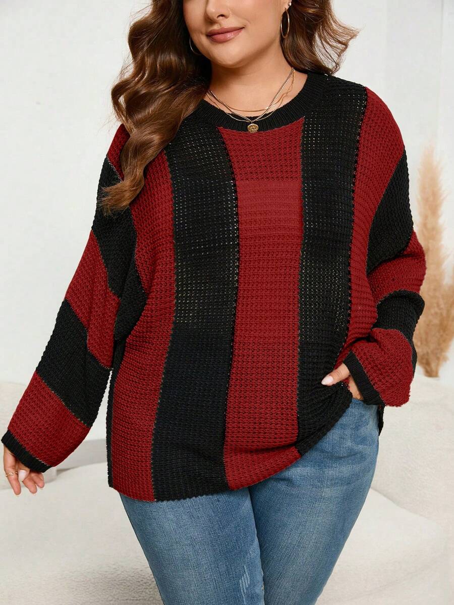 SHEIN LUNE Plus Color Block Drop Shoulder Sweater Knit Pullover Fall Winter Sweater - Multicolor - View 1