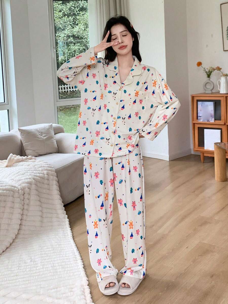 DAZY Cartoon Graphic Drop Shoulder PJ Set - Apricot - View 1