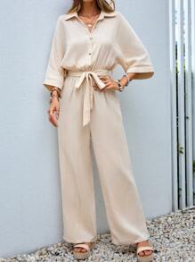 SHEIN VCAY Solid Button Front Belted Shirt Jumpsuit - Apricot - View 3