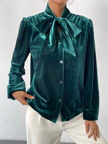 SHEIN Privé Tie Neck Button Front Velvet Shirt - Dark Green - View 4