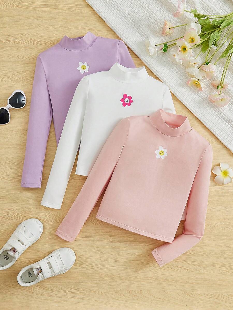 3入組青少女針織花紋立領T恤 - 彩色 - 查看 1