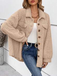 SHEIN Frenchy Thả vai Chi tiết về Flap Áo khoác Teddy - Màu Khaki - Xem 3