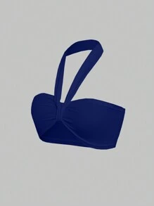 SHEIN Unity Top halter unicolor pecho con fruncido - azul real - Ver 3