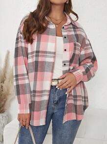 SHEIN LUNE Plus Size Women's Colorful Plaid Long Sleeve Pocket Shirt For Autumn & Winter - Pink - View 1