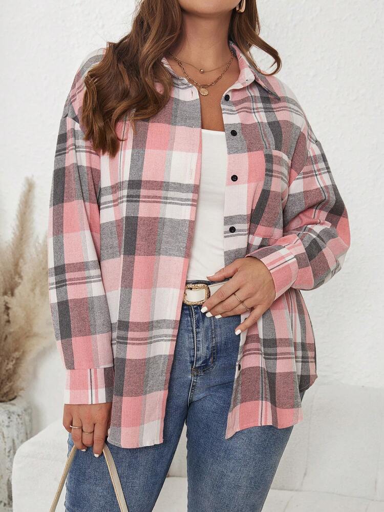 Plus Size Women's Colorful Plaid Long Sleeve Pocket Shirt For Autumn & Winter