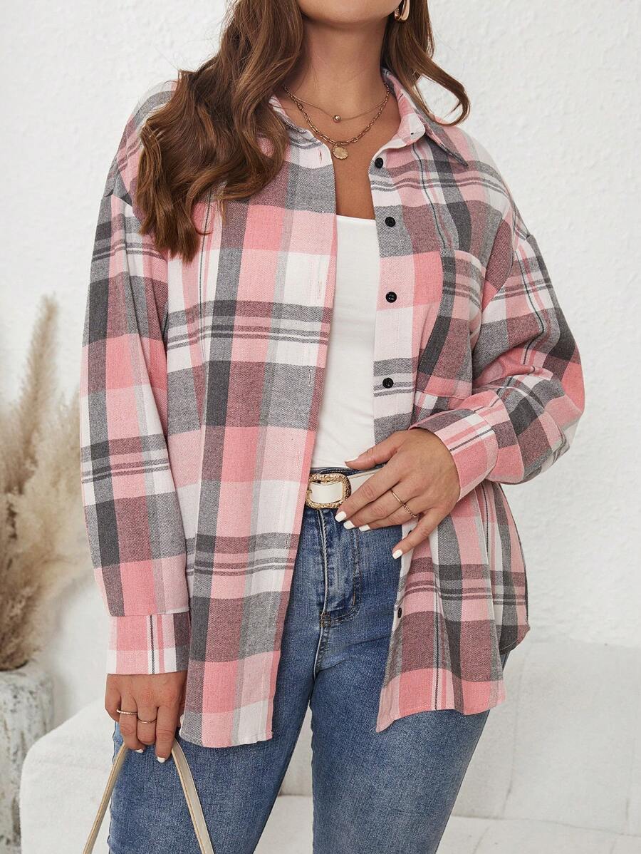 SHEIN LUNE Plus Size Women's Colorful Plaid Long Sleeve Pocket Shirt For Autumn & Winter - Pink - View 1