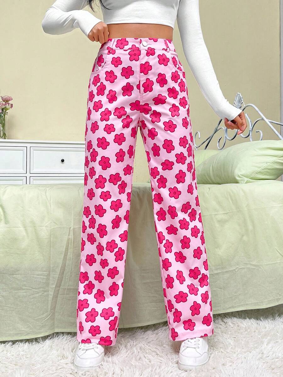 SHEIN EZwear Allover Floral Print Straight Leg Pants - Multicolor - View 1