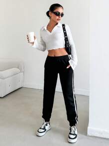 Contrast Tape Side Sweatpants For Spring & Autumn - Black - View 3