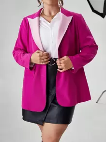 SHEIN Privé Plus Contrast Lapel Neck Blazer Without Belt - Hot Pink - View 1