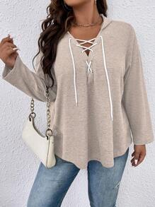 SHEIN LUNE Áo nỉ tay raglan buộc dây, có khoen cài, cỡ lớn - Màu be - Xem 5