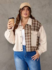 SHEIN EZwear Plus Contrast Plaid Print Drop Shoulder Flap Pocket Jacket - Khaki - View 5
