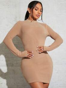 SHEIN SXY Mock Neck Bodycon Dress - Mocha Brown - View 3