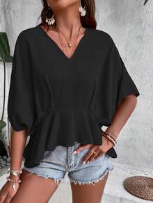 SHEIN LUNE Solid Batwing Sleeve Peplum Blouse - Black - View 3