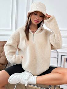 SHEIN Unity 秋冬羊羔绒百搭套头衫，百搭简约的设计 - 杏色 - 查看 6