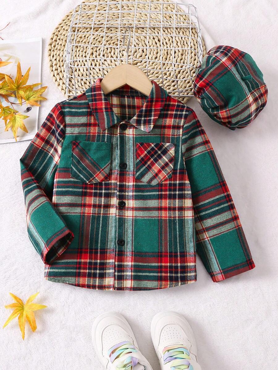 SHEIN 女小童格紋印花雙口袋襯衫附帽子