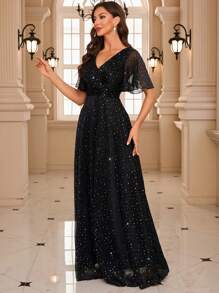 UNITHORSE Flounce Sleeve Glitter Prom Dress Black Elegant Formal Evening Wedding Guest Gown, For Graduation, Dinner Party Dress Spring - Black - View 7