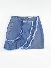 Soleia Ruffle Trim Ruffle Trim Denim Skirt - Blue - View 3