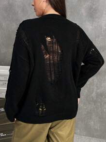 SHEIN EZwear 大碼素色落肩袖破洞套頭毛衣 - 黑色 - 查看 2