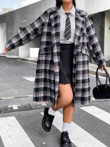 Flirla Plus Plaid Print Lapel Neck Single Button Front Overcoat Fall Cloth For Women - Multicolor - View 4