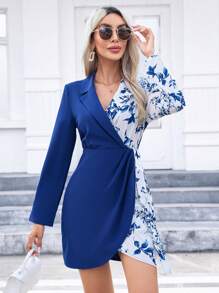 SHEIN Privé Floral Print Fitted Dress - Blue - View 1