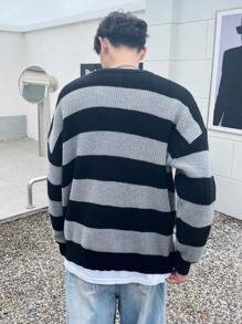 Manfinity 1pc Men's Striped Pattern Drop Shoulder Oversized Sweater - Black - View 2