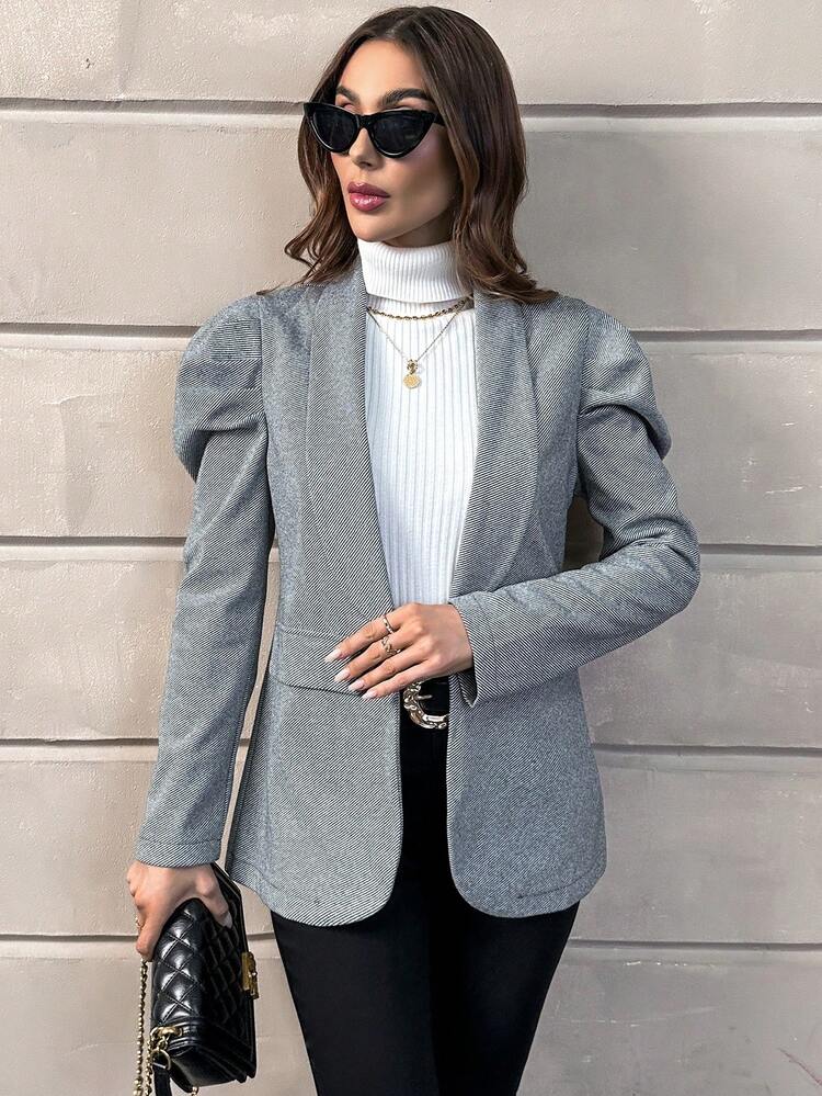 Shawl Collar Puff Sleeve Open Front Blazer