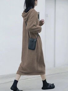 Solid Drop Shoulder Hooded Sweater Dress - Coffee Brown - View 2