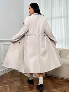 SHEIN EZwear Plus Lapel Neck Double Breasted Drop Shoulder Belted Trench Coat - Apricot - View 2