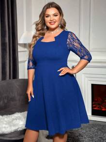 SHEIN Clasi Talla grande Vestido de manga con encaje escote cuello - azul real - Ver 5