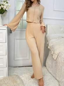 Khâu trên cùng Tay áo kèn  Bộ áo Tee & quần Lounge - Màu Khaki - Xem 3