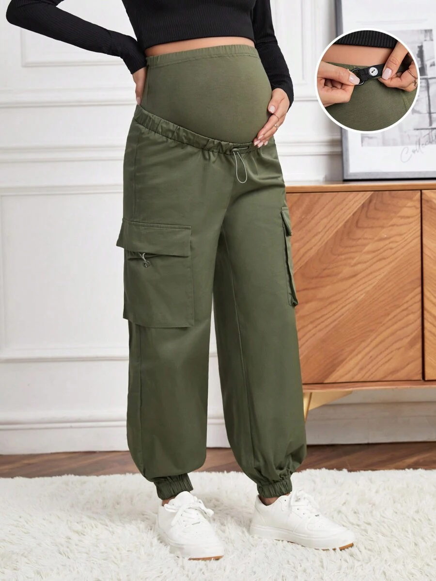 SHEIN Thai sản Thắt lưng rộng Eo dây rút Túi có nắp Quần Cargo - xanh quân đội - Xem 1