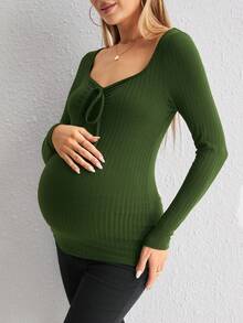 SHEIN Maternity Sweetheart Neck Drawstring Front Tee - Army Green - View 4