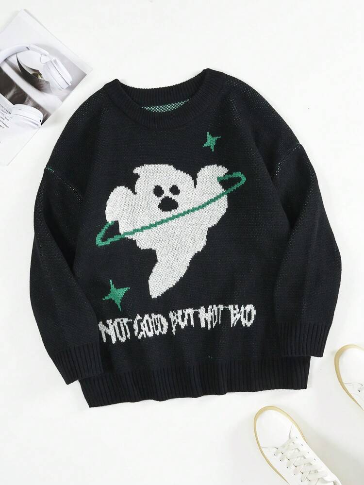 Plus Slogan & Cartoon Pattern Drop Shoulder Sweater Knit Pullover Fall Winter Sweater