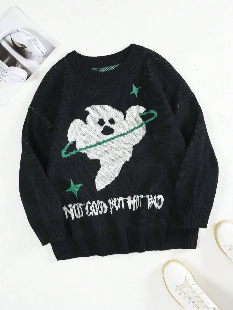 Flirla Pull oversize à motif slogan et dessin animé, tricot d'automne et d'hiver - Multicolore - Voir 1