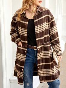 Flirla Plus Plaid Print Drop Shoulder Overcoat - Multicolor - View 3