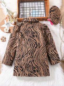 SHEIN Young Girl Zebra Striped Double Breasted Overcoat & Hat - Brown - View 2