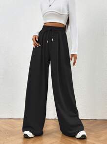 SHEIN LUNE Drawstring Waist Wide Leg Sweatpants - Black - View 1